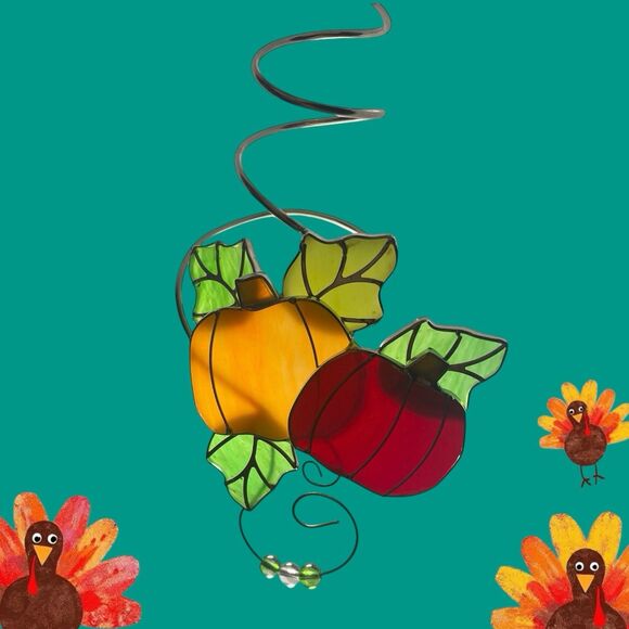 Autumn Pumpkins Stained Glass Sun Catcher Fall Ornament Set x2 Wine Bottle Charm - Picture 6 of 8